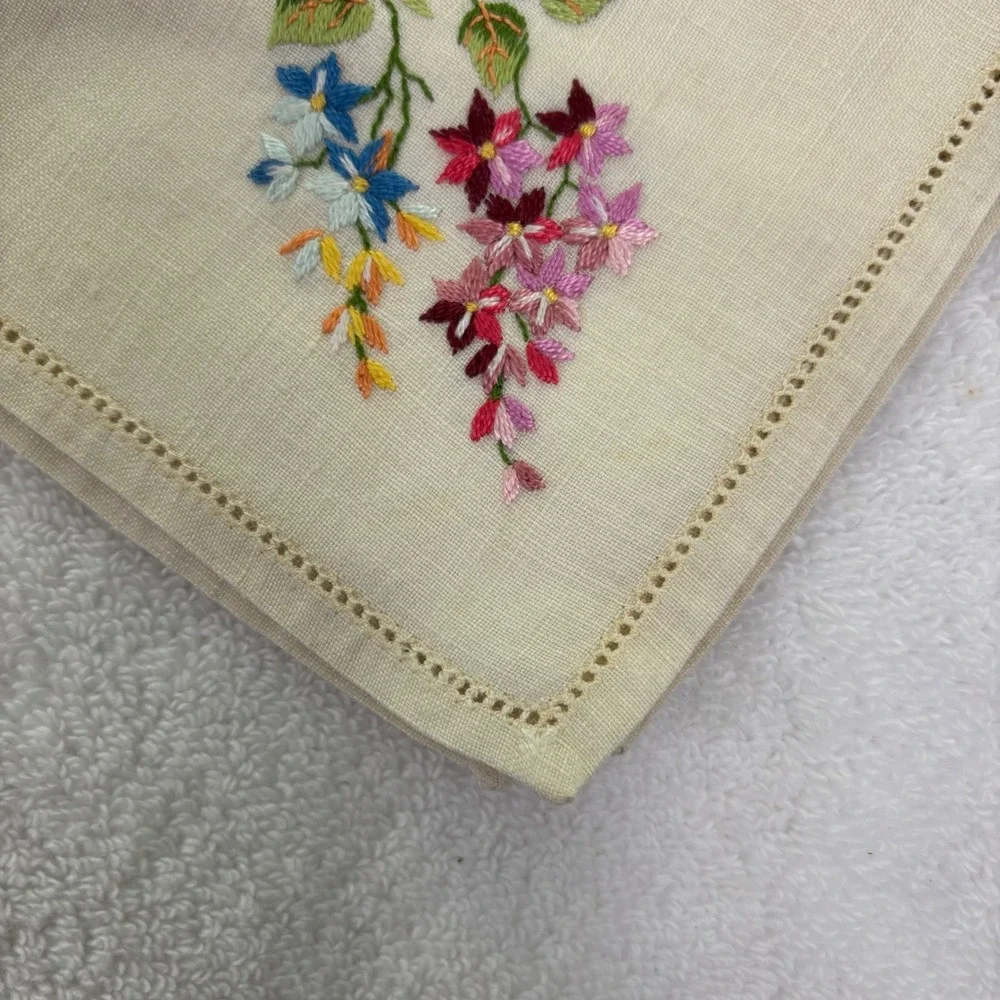 Handmade Embroidered Linen Handkerchief Floral Wisteria Blue‎ Pink Purple Accent